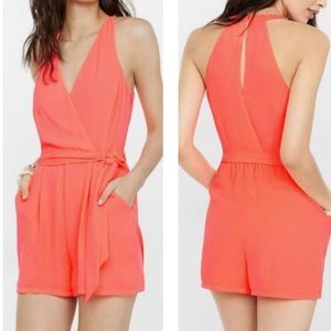 Express Coral Neon Surplice Romper